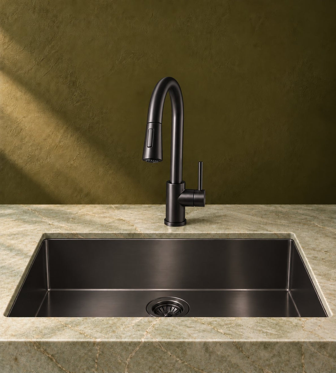 Matte black kitchen sink and faucet on a stone counter