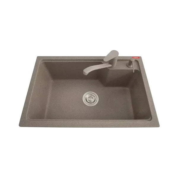 1.0 BOWL QUARTZ SINK W/FA-04 LIQUID SOAP DISPENSER, FA-05A WASTE COUPLING & FA-02A QUARTZ FAUCET (DEPTH 9) - FUTURA -  ( LIGHT GREY -  - 680x450 mm - 27.2inchX18inch )