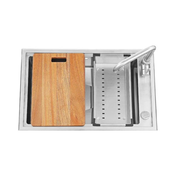 1.0 BOWL SS SINK (DEPTH 9INCH)WITH FA-01IS FAUCET, FA-08IS COLANDER BASKET, FA-09IS CHOPPING BOARD & FA-15IS SQUARE WASTE COUPLING W/AUTO DRAINER KIT & OVERFLOW. - FUTURA -  ( BRUSHED FINISH - INTELLIGENT SINK - 700x450 mm - 28inchX18inch )