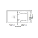 1.0 BOWL WITH DRAIN BOARD WITH FA-05A WASTE COUPLING - FUTURA -  ( BLACK - NATURAL QUARTZ SERIES - 863x432 mm - 34.52inchX17.28inch )