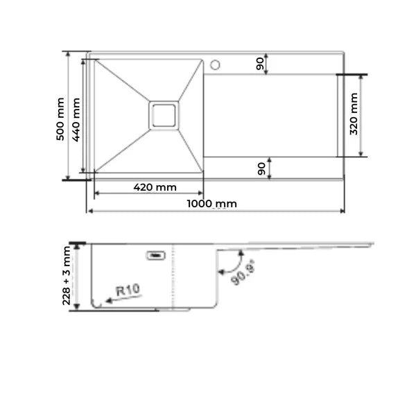 1.0 BOWL WITH DRAIN BOARD (DEPTH 9), FA-02IS - FAUCET , FA-08IS - COLANDER BASKET , FA-15IS - SQUARE WASH COUPLING W/AUTO DRAINER KIT & OVERFLOW - FUTURA -  ( BRUSHED FINISH - INTELLIGENT SINK - 975x500 mm - 39inchX20inch )