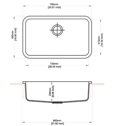QUARTZ 1.0 BOWL W/O DRAIN BOARD (DEPTH 8INCH) - CARYSIL - (GRANITE METALLIC NERA - JUMBO - 750x475 mm - 30inchX19inch)