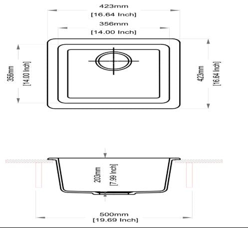 QUARTZ 1.0 BOWL W/O DRAIN BOARD (DEPTH 8INCH) - CARYSIL -  ( GRANITE METALLIC NERA - NEO SALSA - 423x423 mm - 16.65inchX16.65inch )