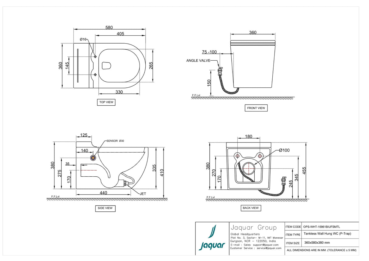 TANKLESS WALL HUNG WC W/SENSOR FLUSH, UF SOFT CLOSE SLIM SEAT COVER, HINGES, ACCESSORIES SET ( BOLT DISTANCE 7)- JAQUAR SWARE - ( - - 0x0 mm - 0inchX0inch )