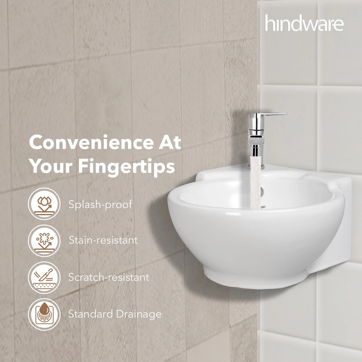 WASH BASIN CORNER CLASSIC - HINDWARE -  ( STAR WHITE -  - 350x350 mm - 14inchX14inch )