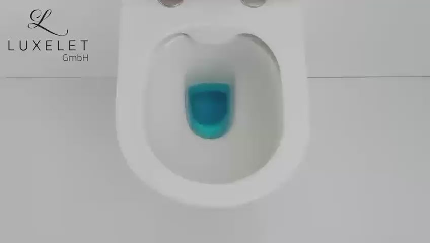 RIMLESS WALL HUNG WC WITH UF SOFT CLOSE SLIM SEAT COVER, HINGES, ACCESSORIES SET ( BOLT DISTANCE 7INCH) - LUXELET -  ( WHITE - QUADRA COLLECTION - 490x350x350 mm - 19.6inchX14inchX14inch )