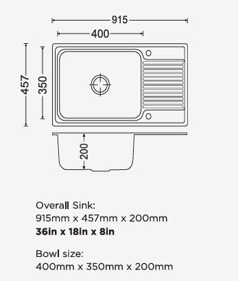 1.0 BOWL WITH DRAINBOARD (DEPTH 8INCH) THK 1MM - CARYSIL -  ( MATT - VOGUE - 914x457 mm - 36inchX18inch )