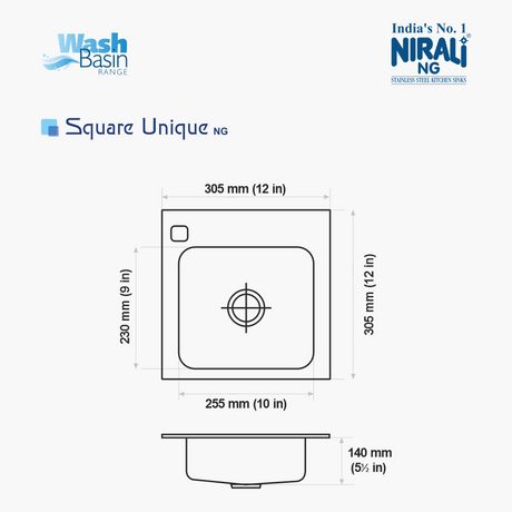 SS SINK 1.0 BOWL  (DEPTH 5  )SQUARE UNIQUE - NIRALI -  ( SATIN - WASH BASIN RANGE - 305x305 mm - 12inchX12inch )