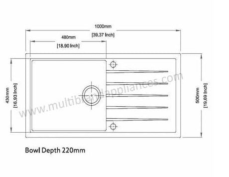 QUARTZ 1.0 BOWL WITH DRAINBOARD(DEPTH 8INCH) - CARYSIL -  ( GRANITE METALLIC CROMA - VIVALDI - 1000x500 mm - 40inchX20inch )